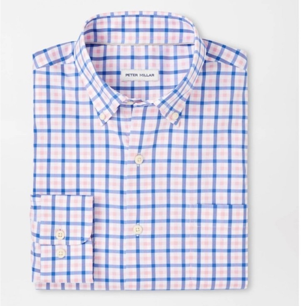 Peter Millar Men's Pink and Blue Plaid Dress Shirt